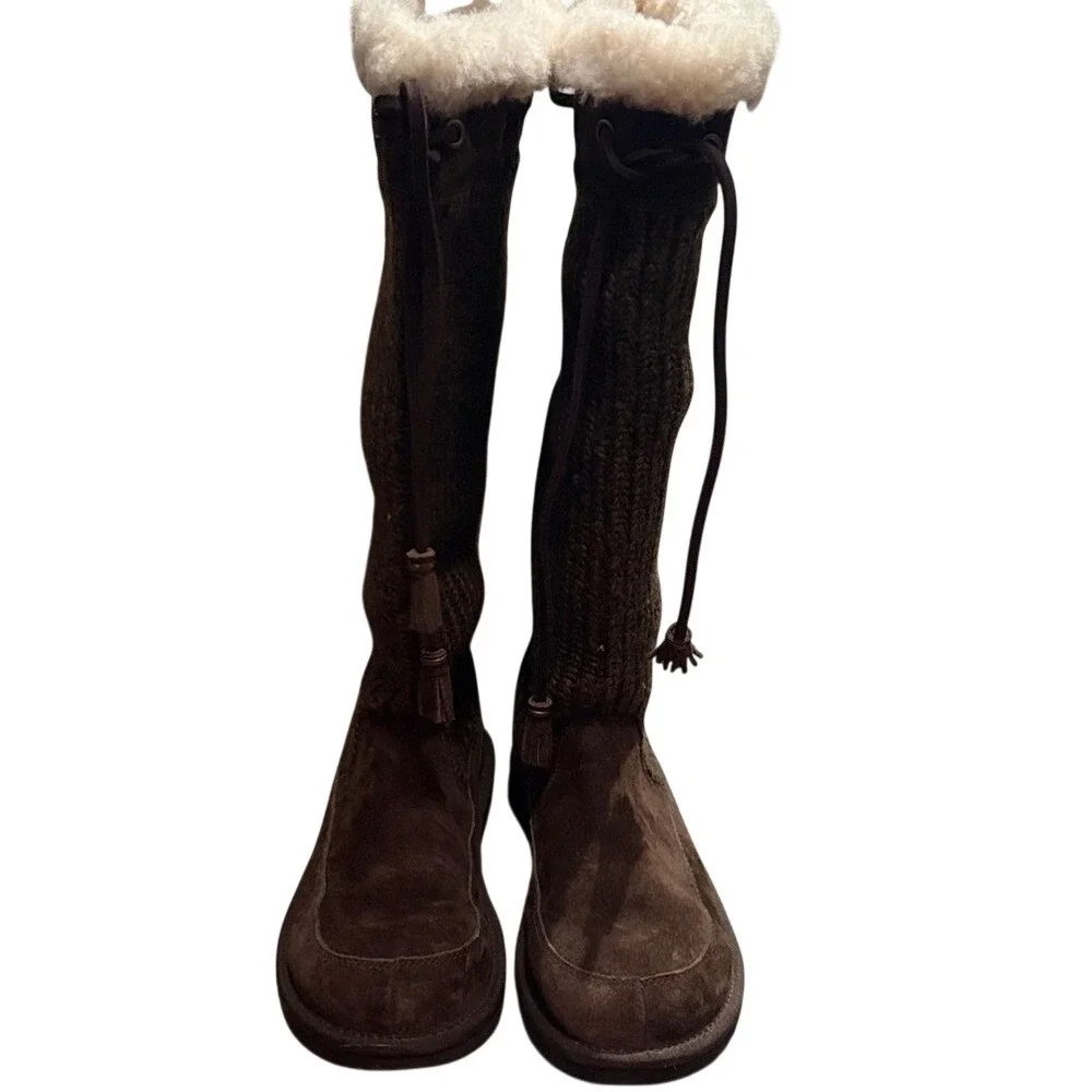UGG Suburb Crochet Tall Women 7 Espresso  Suede‎ Knit Boots 5733